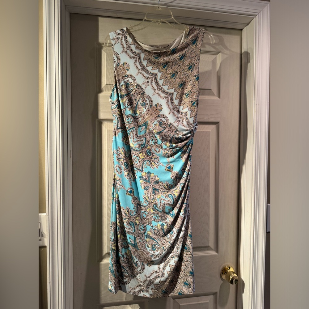 Cache sheath dress turquoise gold print